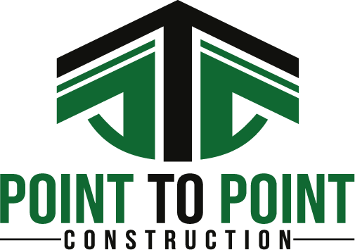 Logo for Point to Point Construction featuring bold green and black geometric shapes forming a stylized roof above the pointtopoint Construction text.