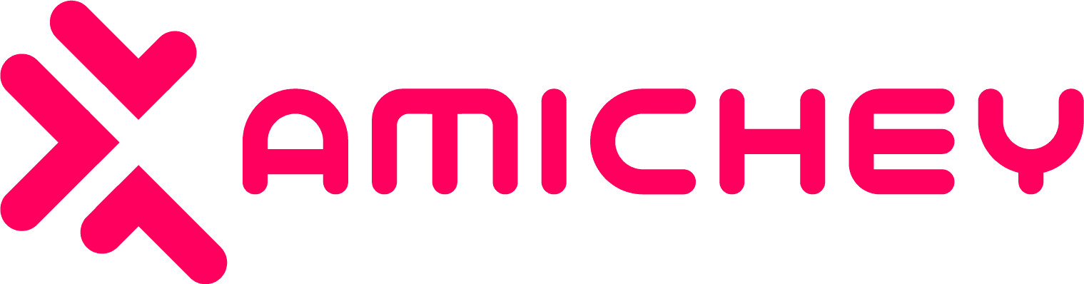 The image shows the word “AMICHEY” in bold, rounded, bright pink letters next to a geometric, stylized logo of interlocking arrow-like shapes, also in bright pink, on a light gray background—designed by Alison Nightingale.