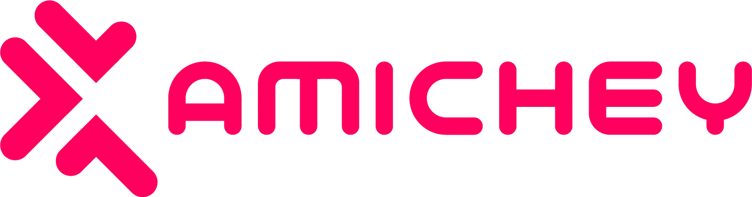 The image shows the word “AMICHEY” in bold, rounded, bright pink letters next to a geometric, stylized logo of interlocking arrow-like shapes, also in bright pink, on a light gray background—designed by Alison Nightingale.