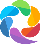 A circular abstract logo by Pinoo Bindhani features six overlapping, curved shapes in blue, green, yellow, orange, red, and purple, forming a vibrant swirl on a light background.