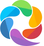 A circular abstract logo by Pinoo Bindhani features six overlapping, curved shapes in blue, green, yellow, orange, red, and purple, forming a vibrant swirl on a light background.